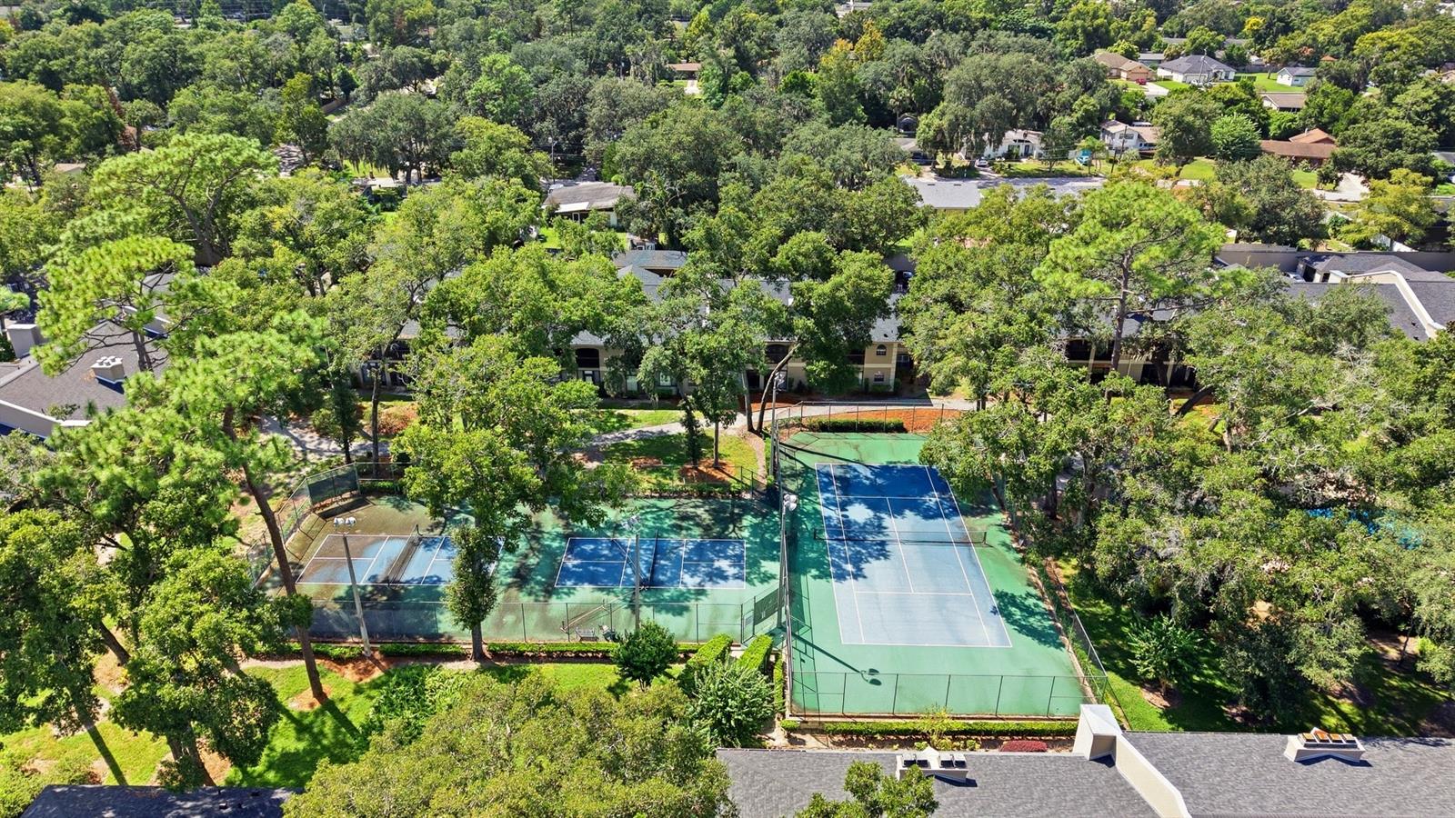 Aerial view of a tree-lined residential community with multiple fenced tennis courts.