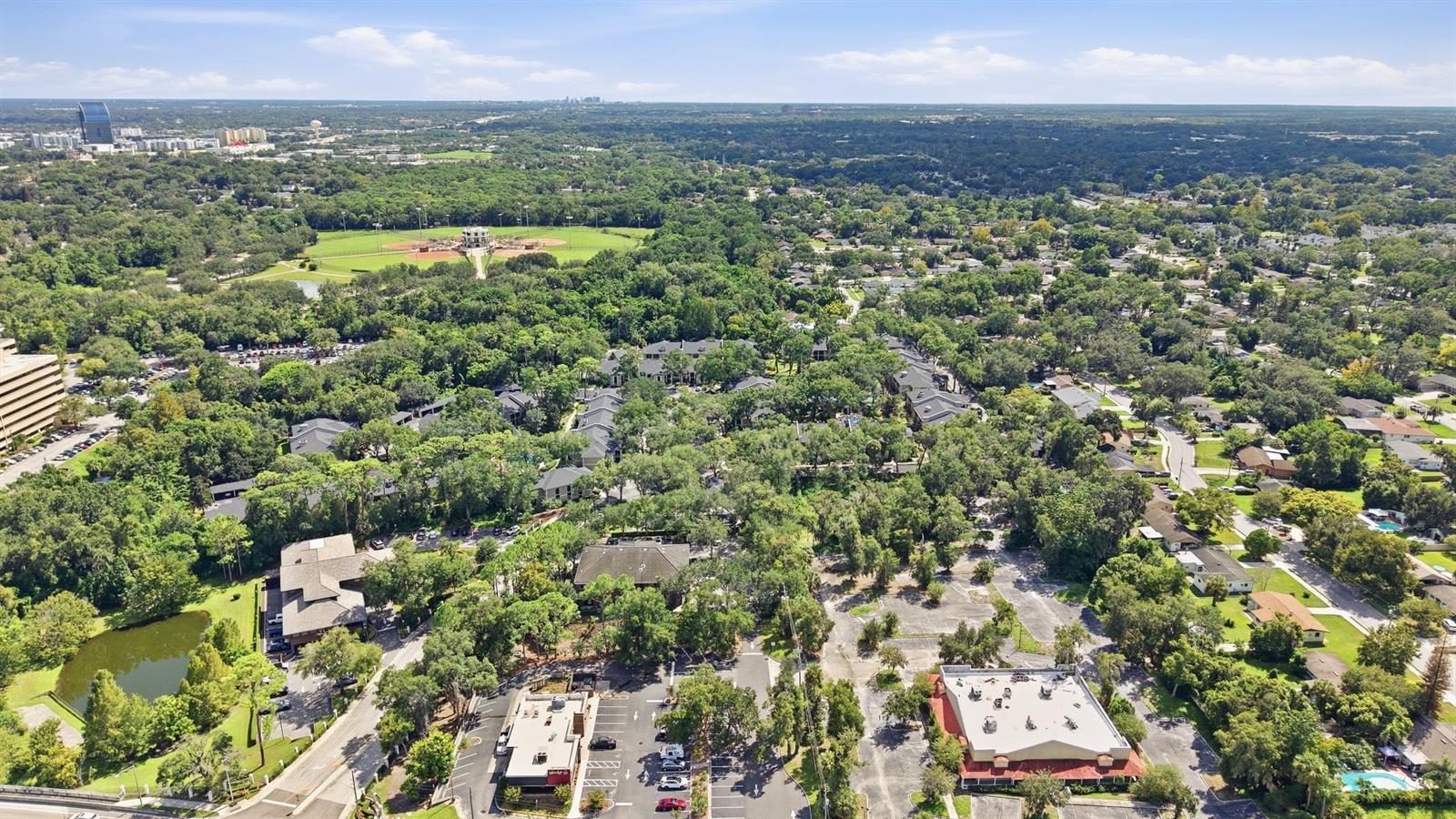 Aerial view of a wooded neighborhood with a baseball field and buildings.