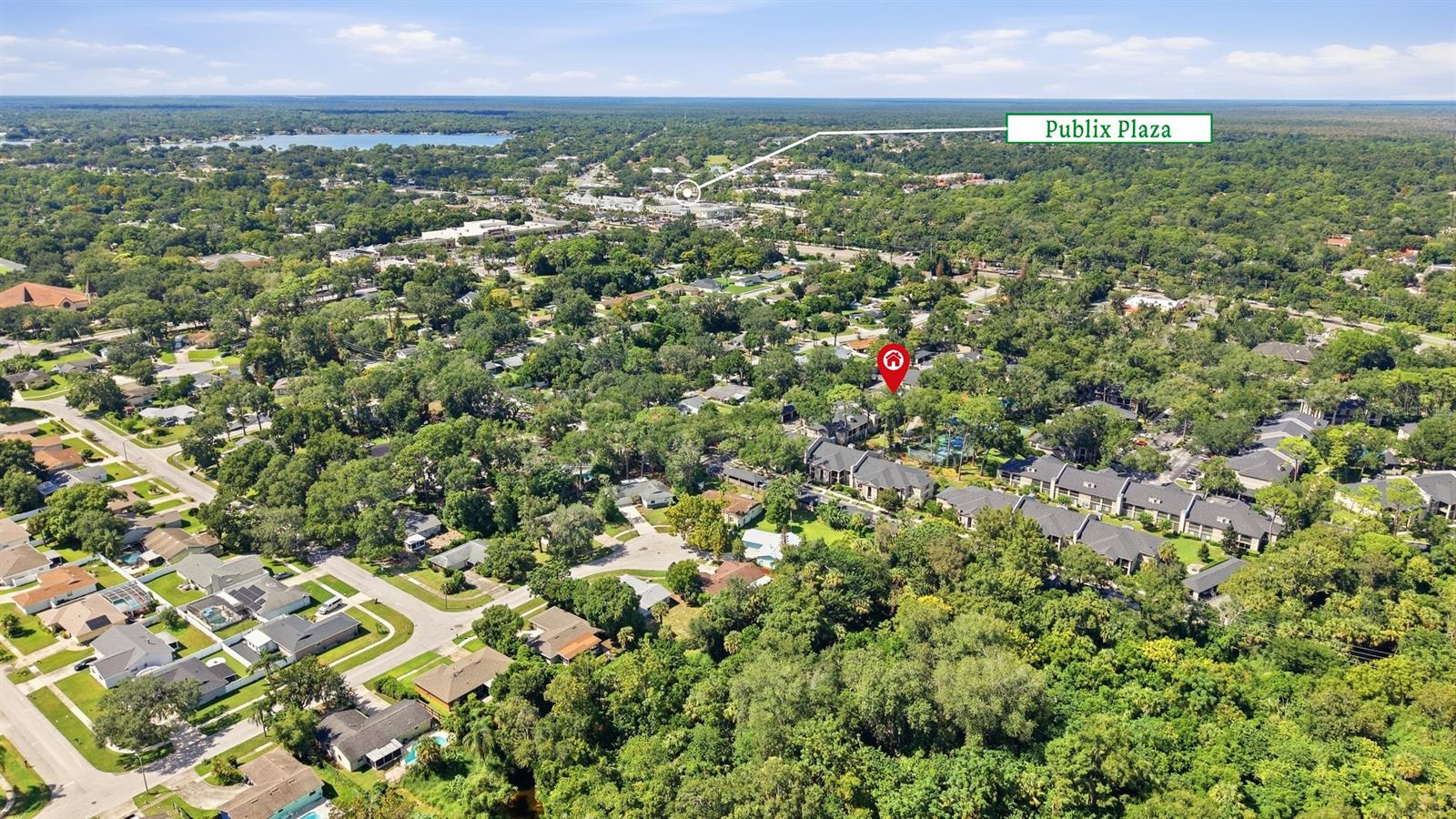 Aerial neighborhood view with the property marked and Publix Plaza labeled in the distance.