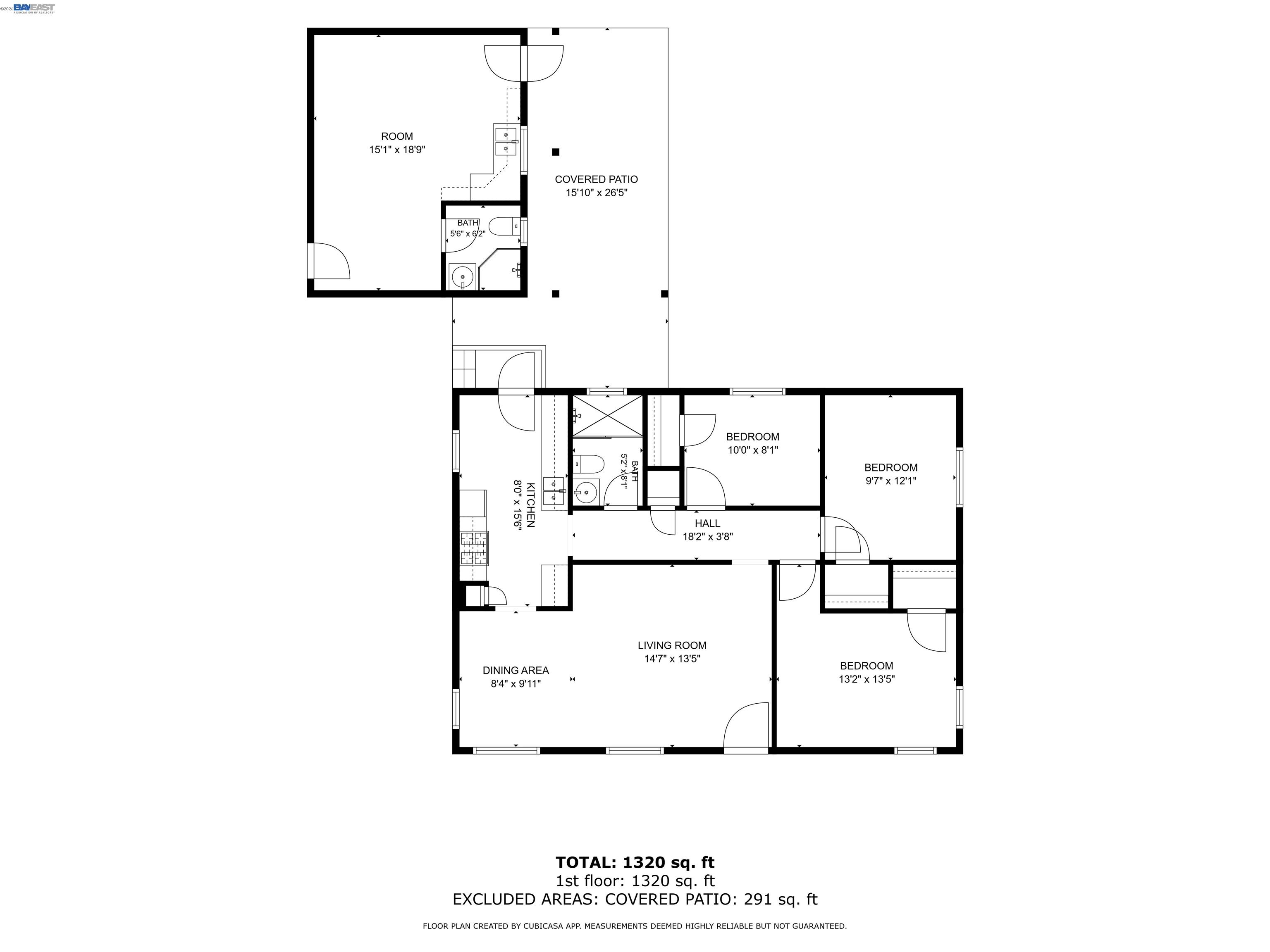 Floor plan showing three bedrooms, two bathrooms, living and dining areas, kitchen, and covered patio.