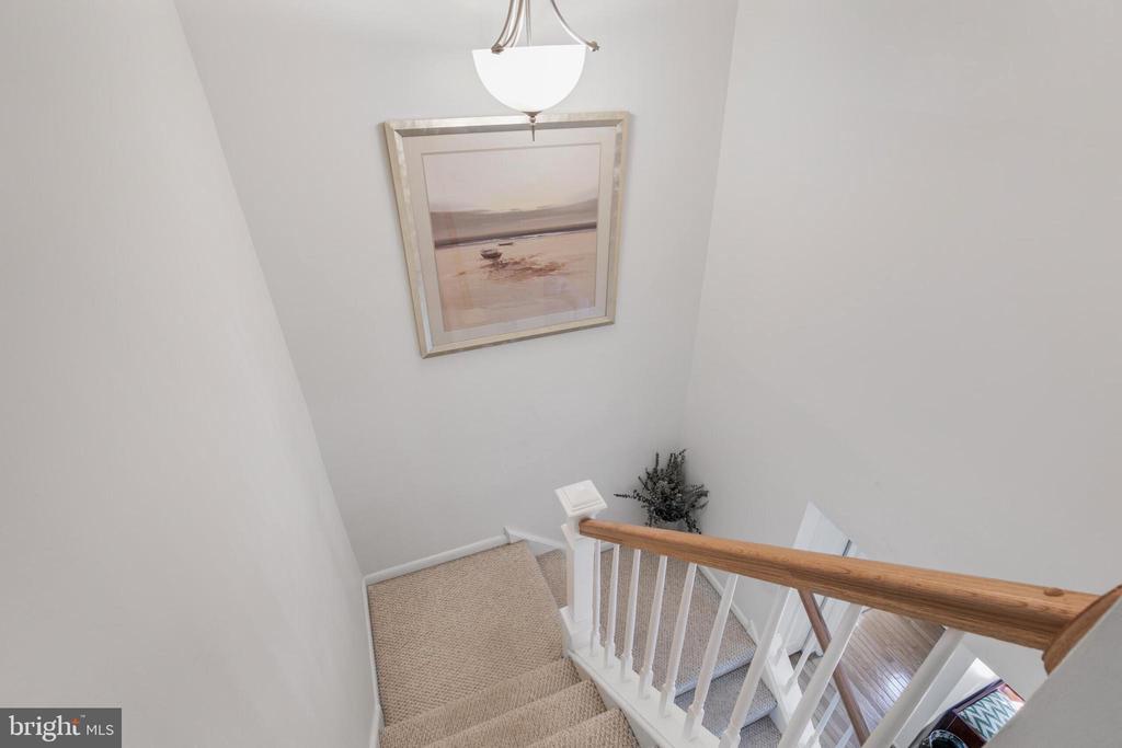 Carpeted staircase with white balusters, a wooden handrail, and framed wall art.