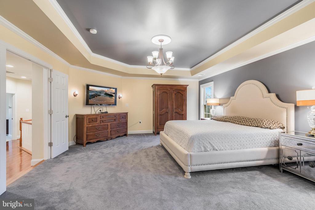 Bedroom with an upholstered bed, gray carpet, and tray ceiling with chandelier.