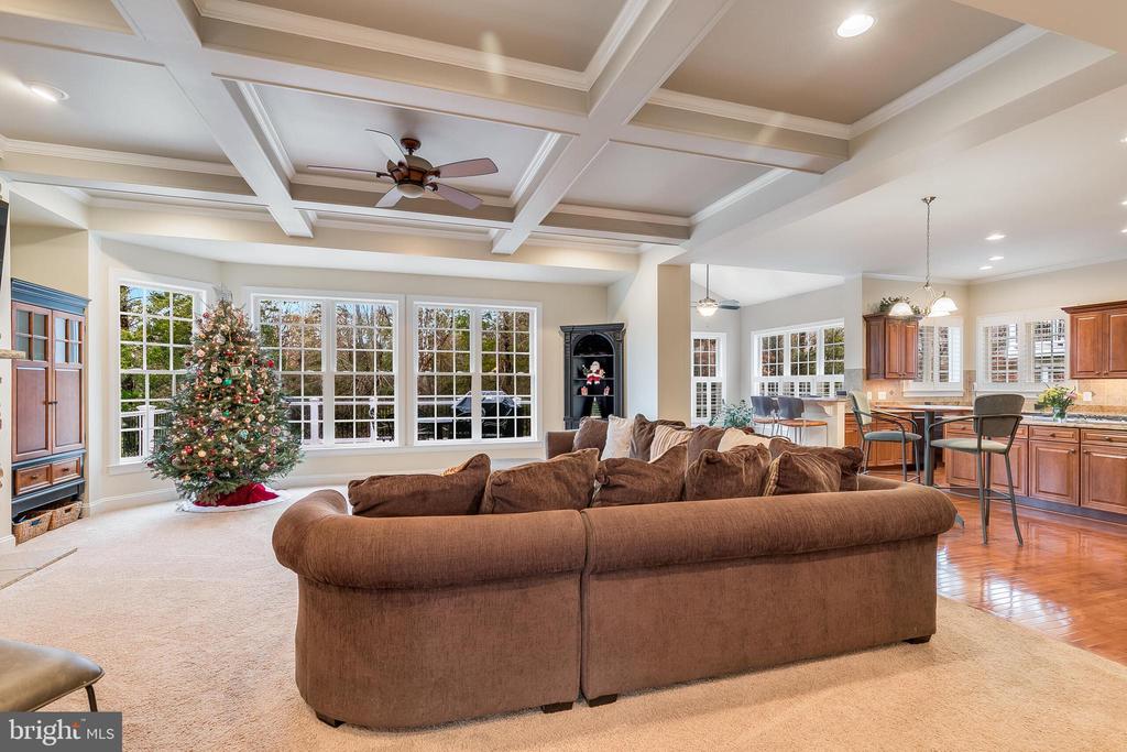 Living room with a brown sectional, coffered ceiling, tall windows, and a decorated Christmas tree.