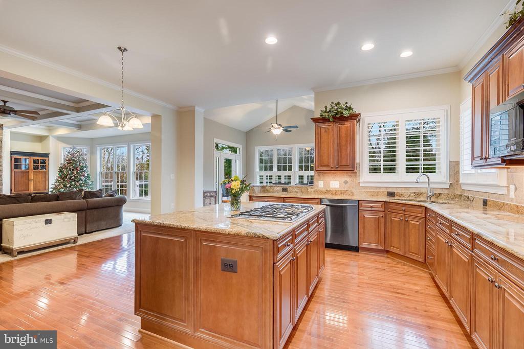 Open kitchen with a large granite island, gas cooktop, wood cabinetry, and adjoining living area.