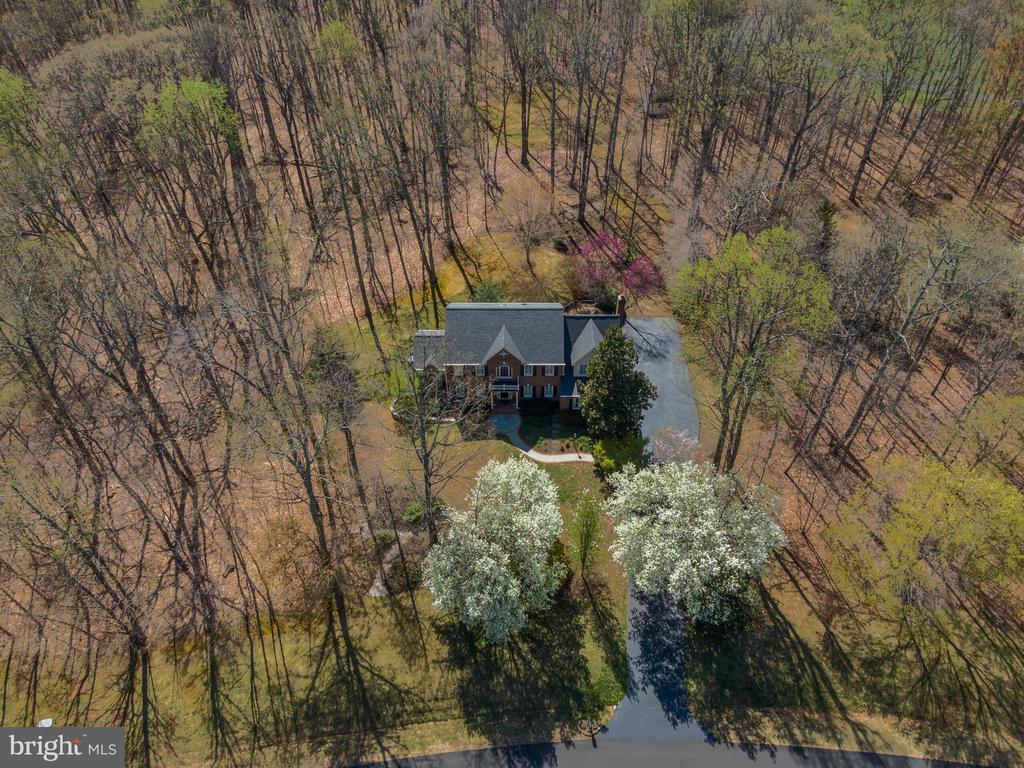 Aerial view of a brick house surrounded by woods, with flowering trees beside the driveway.