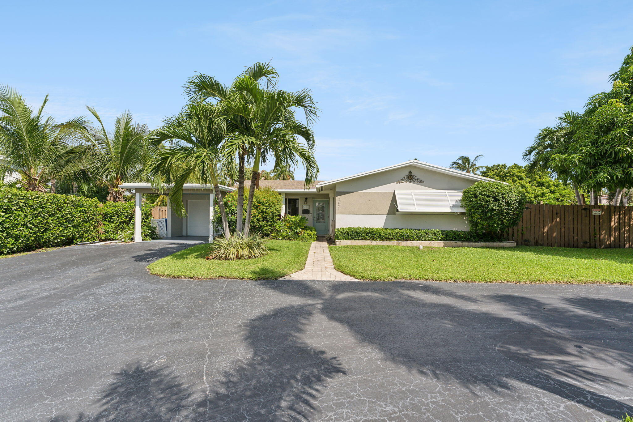 Single-story home with a covered carport, wide driveway, and mature palms across the front lawn.