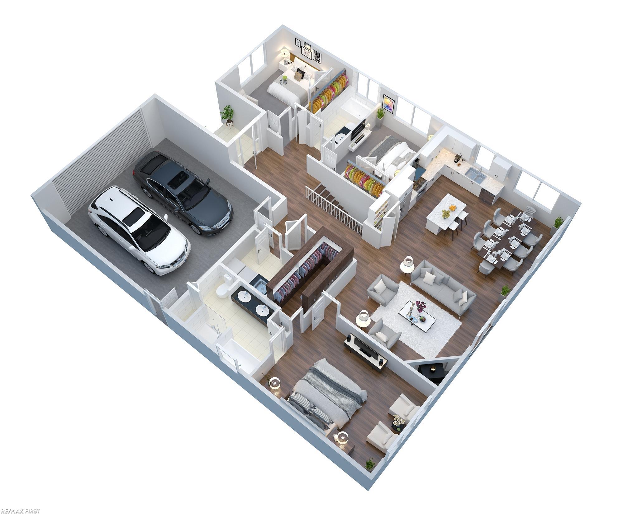 Isometric floor plan of a furnished home with an attached two-car garage.