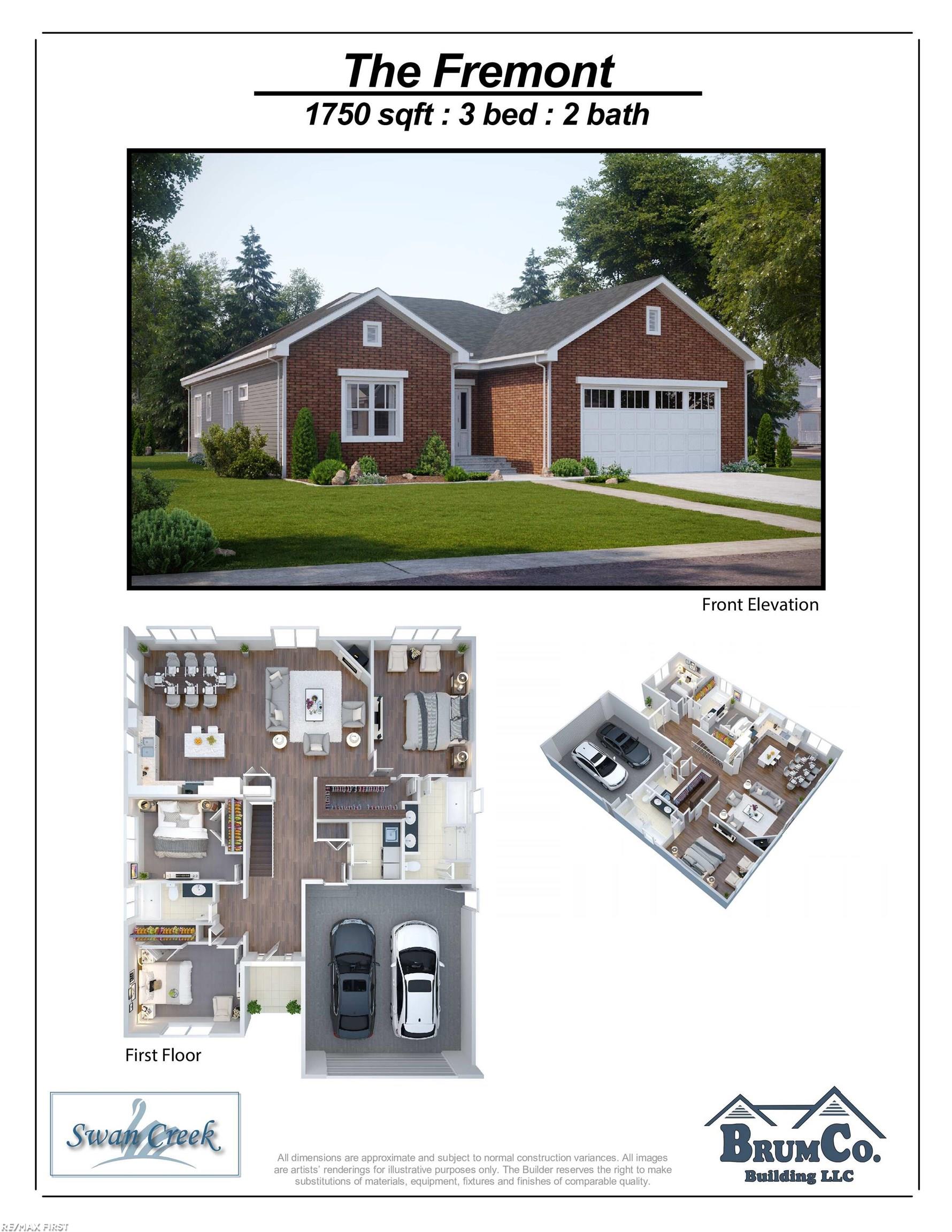 The Fremont home plan with a front exterior rendering and furnished first-floor layouts.