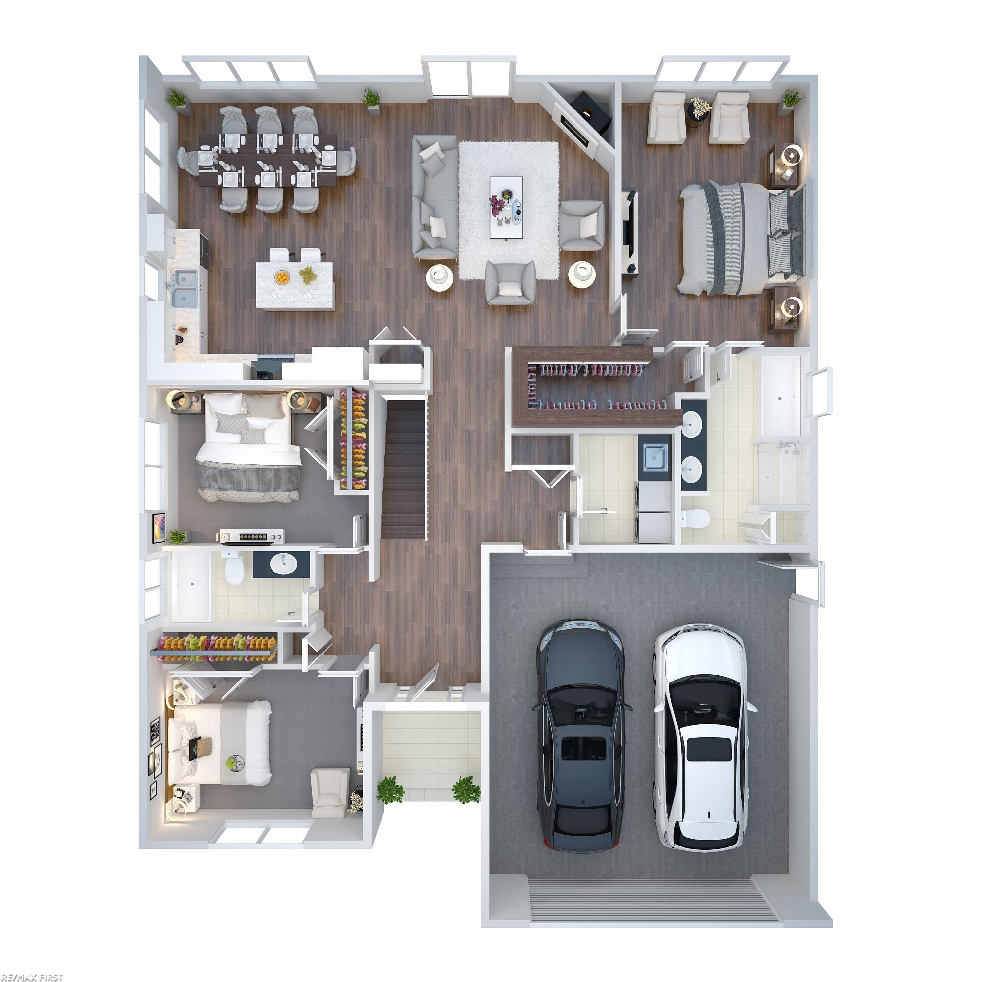 Furnished home floor plan with an open living area, three bedrooms, and a two-car garage.
