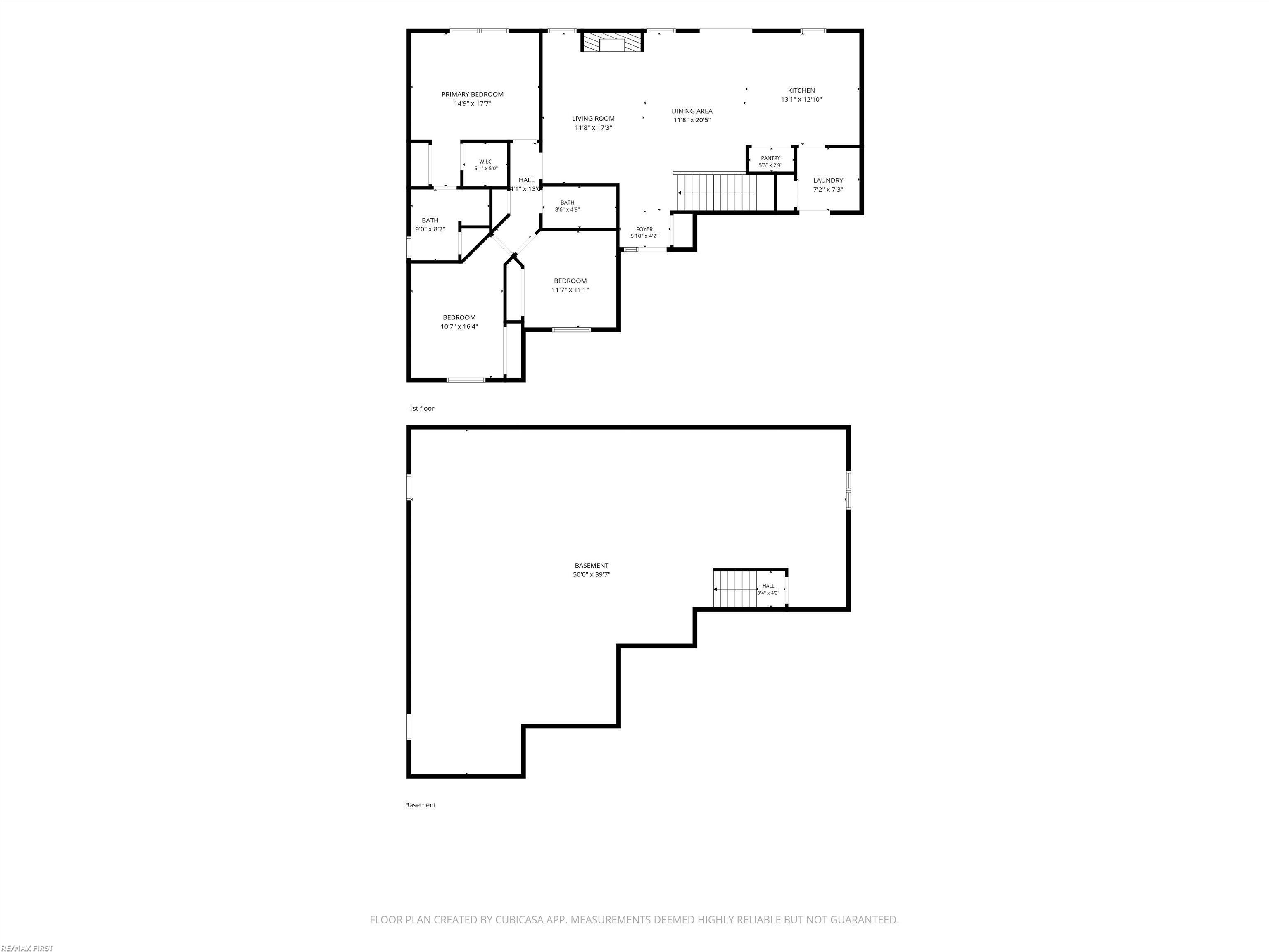 Floor plan showing the home's first-floor rooms and a large basement.