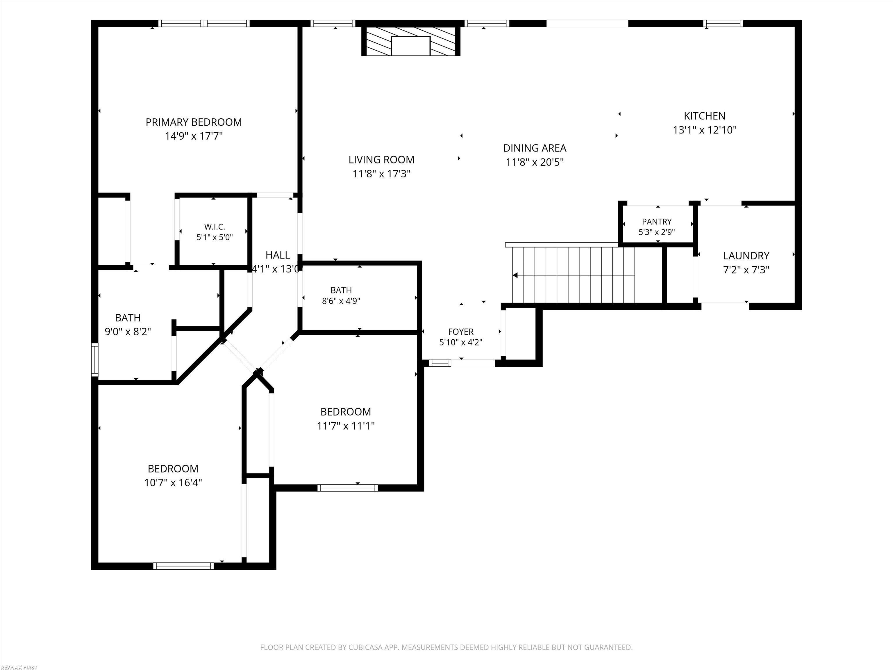 Floor plan with three bedrooms, two bathrooms, kitchen, living and dining areas, pantry, and laundry room.