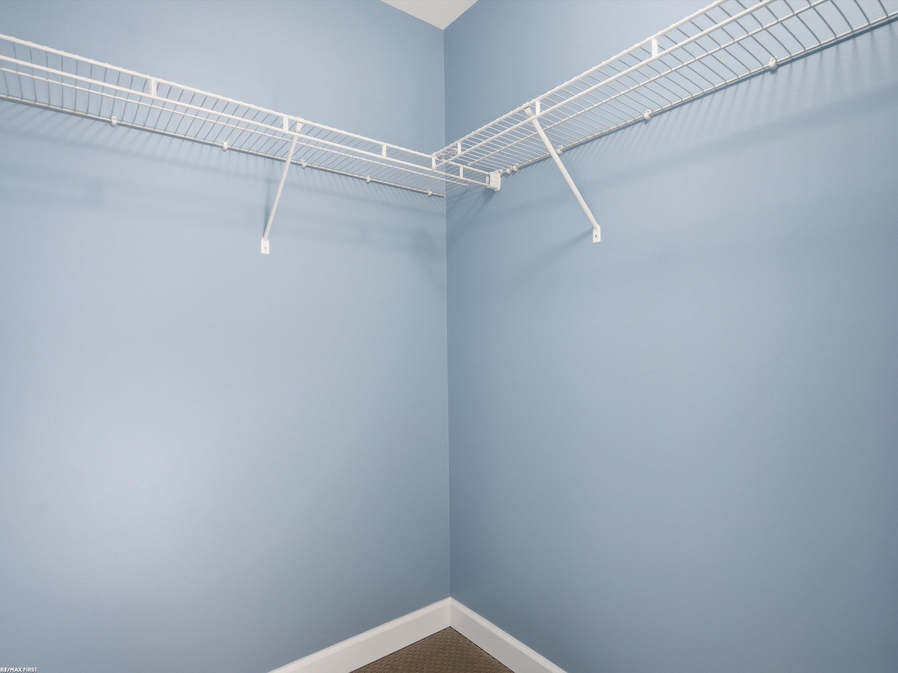 Empty walk-in closet with blue walls, white wire shelving, and brown carpet.