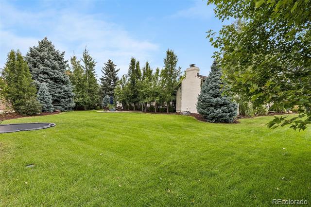 Landscaped backyard with a broad lawn, mature trees, and the home's side wall.