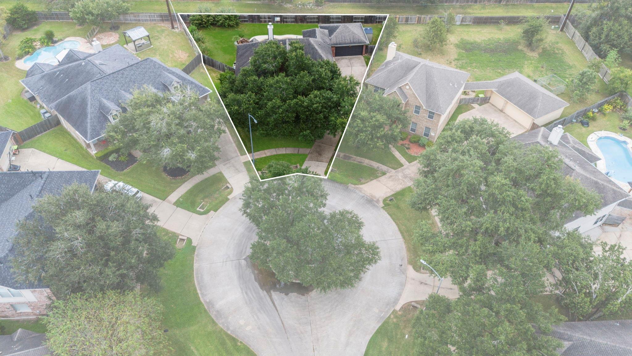Aerial view of 9730 Harrison Lane, outlined among neighboring homes on a tree-lined cul-de-sac.