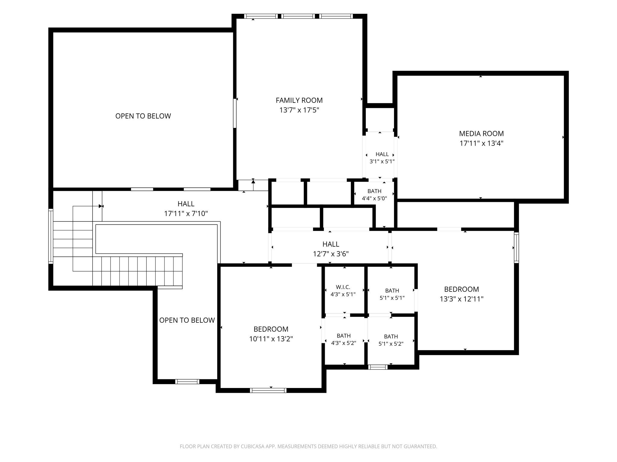 Upper-level floor plan with a family room, media room, two bedrooms, bathrooms, and open-to-below areas.