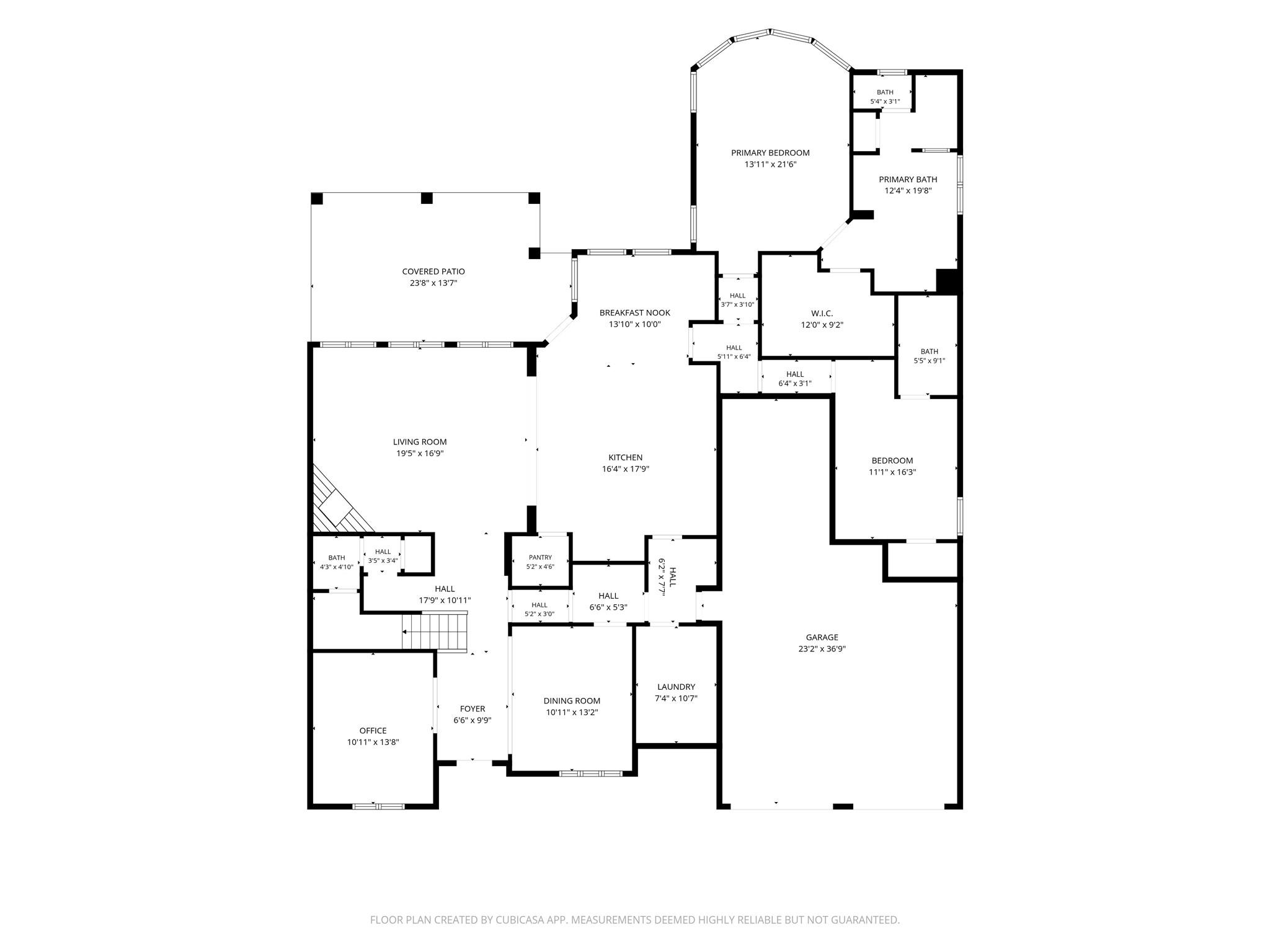 Floor plan showing labeled rooms, a covered patio, and a two-car garage.