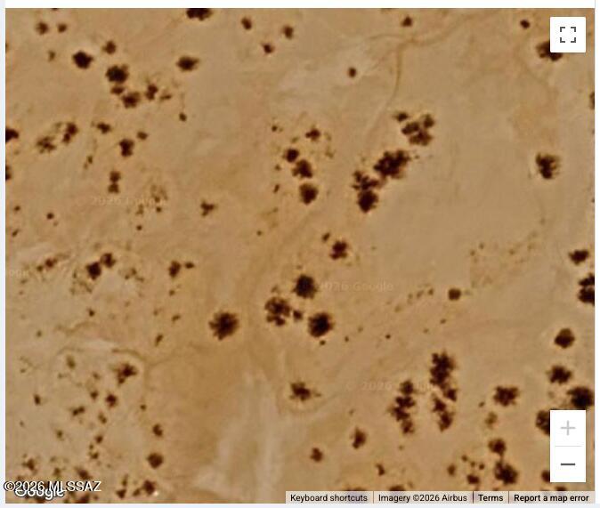 Aerial view of sandy desert land dotted with sparse shrubs and faint tracks.