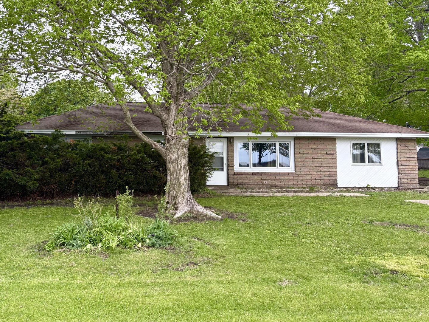 Single-story brick and white-sided home partly shaded by a large tree, with a broad green lawn.