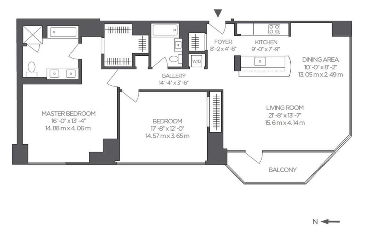Two-bedroom apartment floor plan with a gallery, open living and dining area, and balcony.