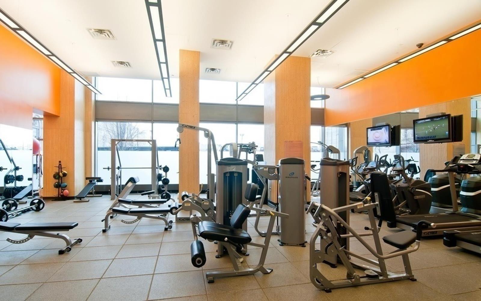 Fitness center with rows of exercise machines and large windows.