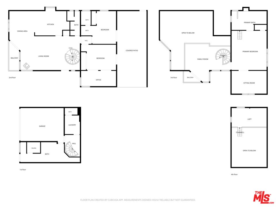 Four-level floor plan showing room layouts, including a garage, sauna, bedrooms, balconies, and open-to-below areas.