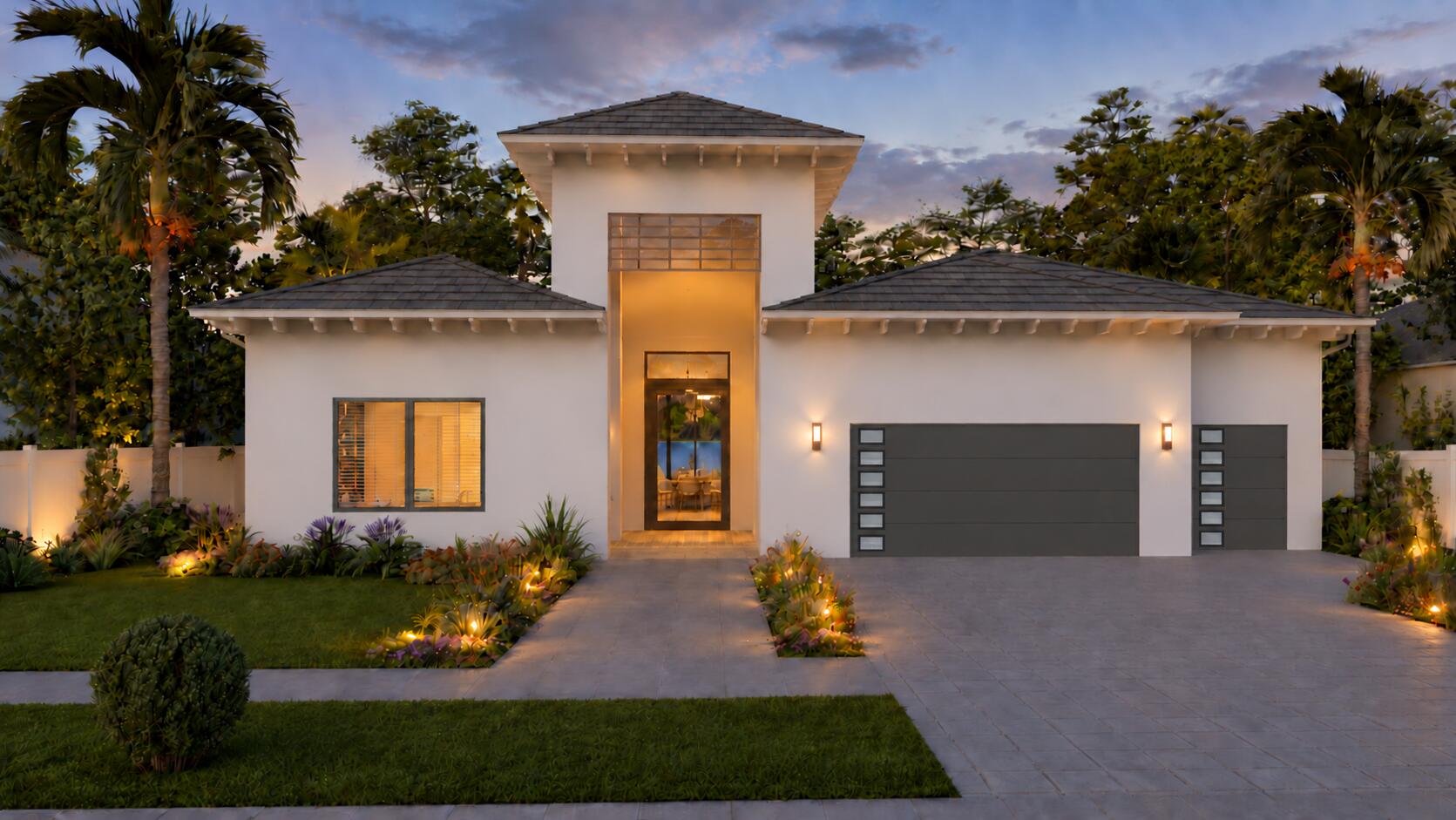 Modern white home with a raised central entry, dark double garage doors, and tropical landscaping at dusk.