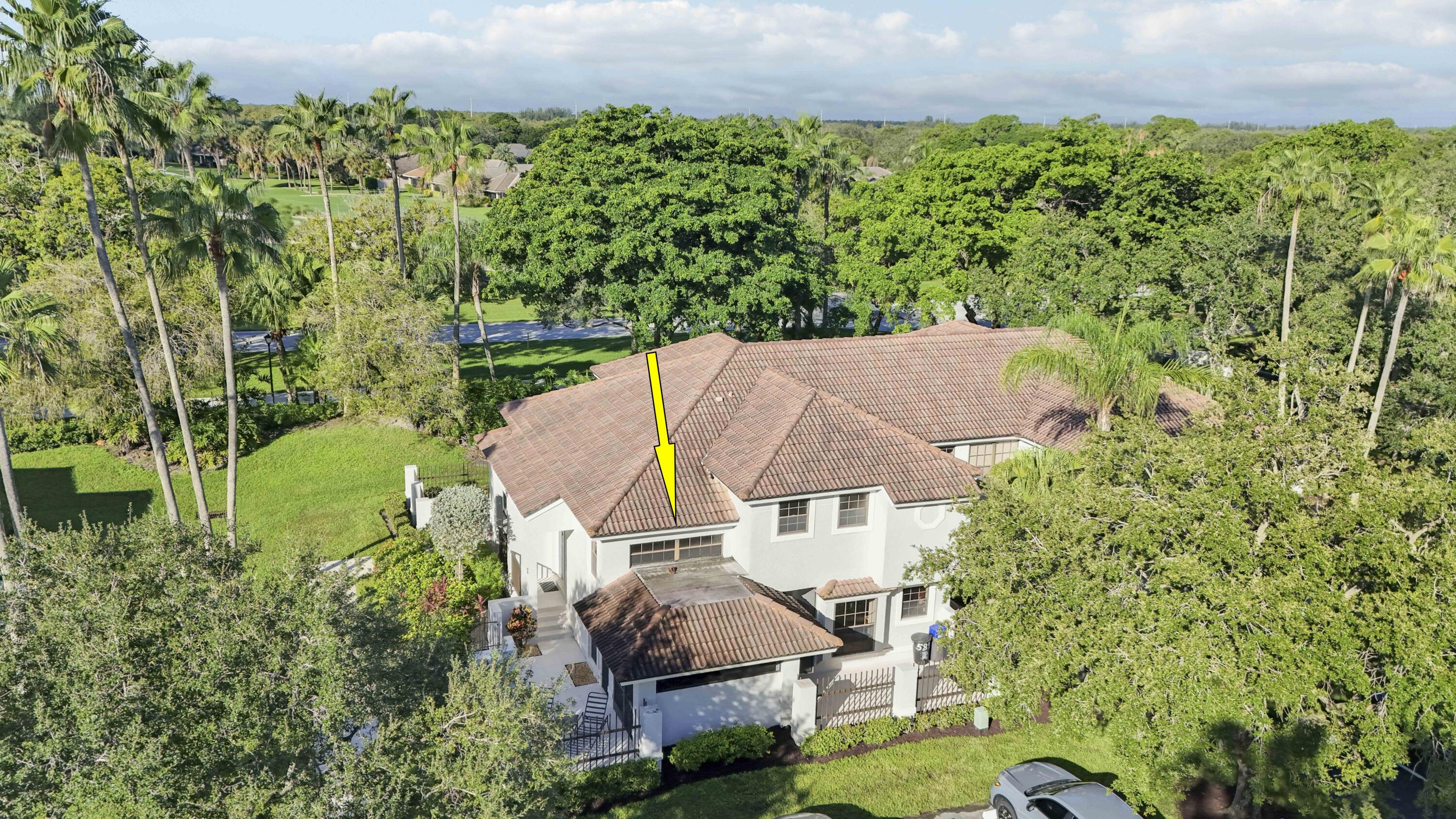 Aerial view of a tile-roofed home surrounded by palms, marked with a yellow arrow.