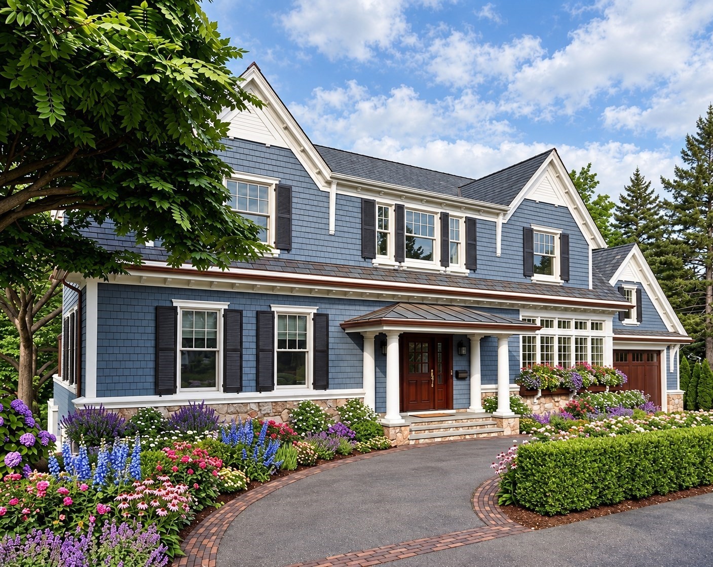 Blue-shingled gabled house with a covered entry, curved driveway, and colorful landscaped gardens.