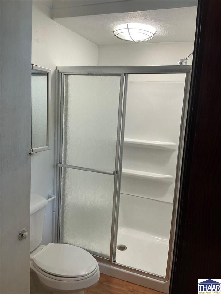 Bathroom with a frosted-glass sliding shower door, built-in shelves, and a toilet.