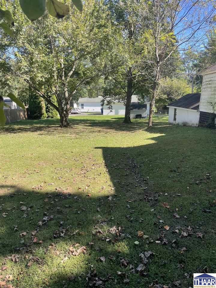Backyard lawn with mature trees, fallen leaves, and small outbuildings in the distance.