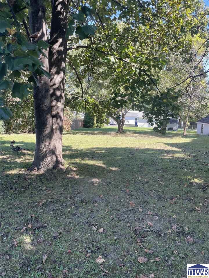 Tree-shaded grassy yard with mature trees, scattered leaves, and a small outbuilding.
