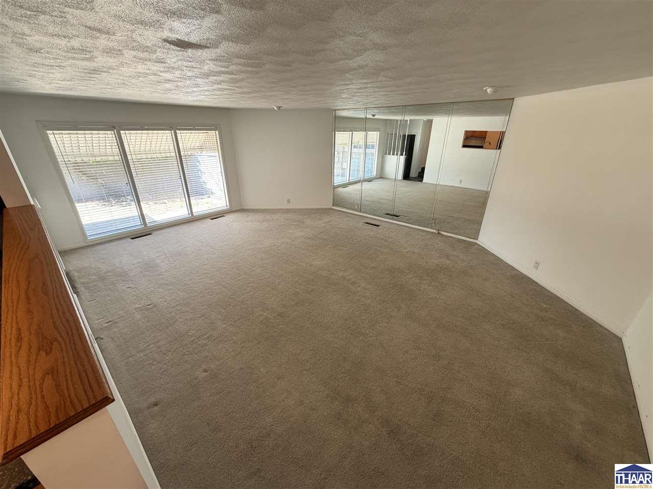 Empty carpeted living room with wide windows and mirrored sliding closet doors.