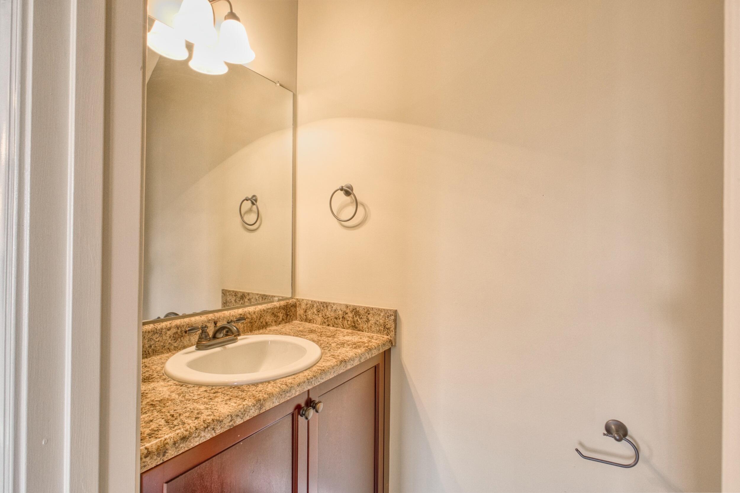 Bathroom vanity with a granite countertop, oval sink, dark wood cabinets, and large mirror.