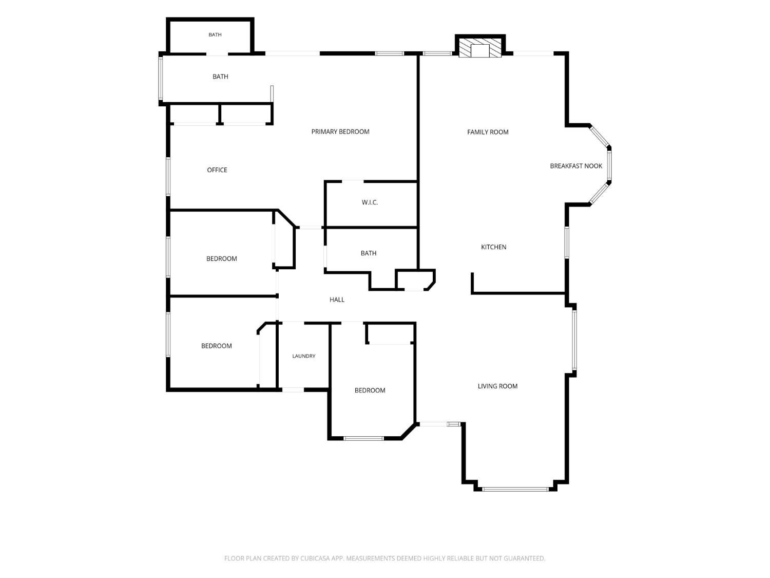 Floor plan showing bedrooms, bathrooms, office, family room, kitchen, and living room.