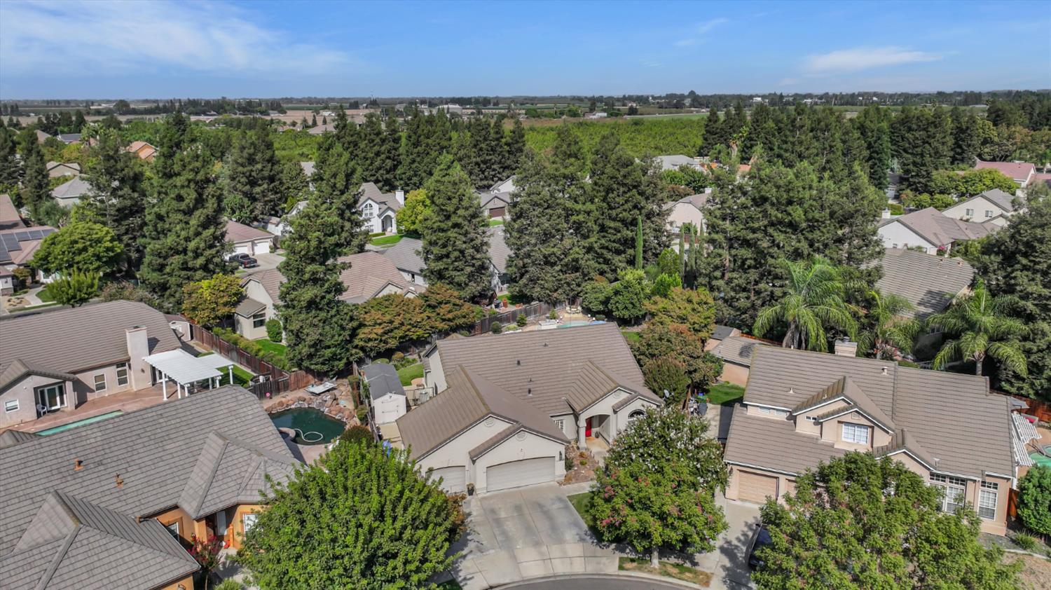 Aerial view of a Turlock neighborhood with tree-lined homes and farmland beyond.