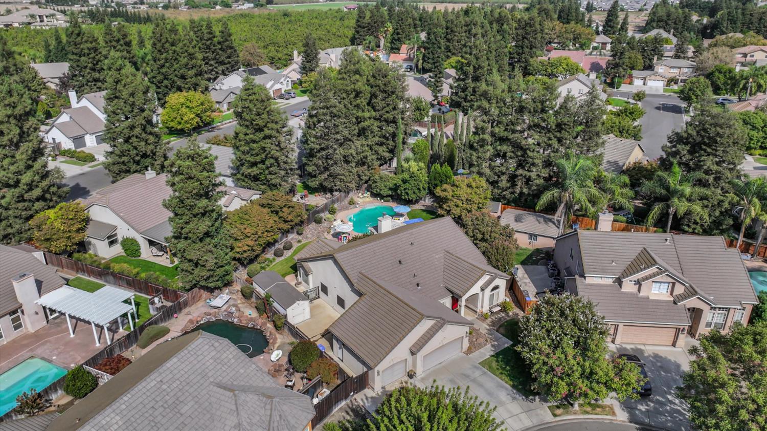 Aerial view of a Turlock home with a backyard pool, surrounded by tree-lined streets and neighboring houses.