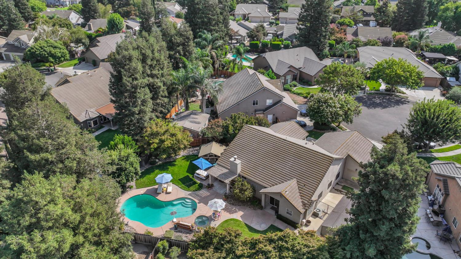 Aerial view of a home with a curved swimming pool and landscaped backyard.