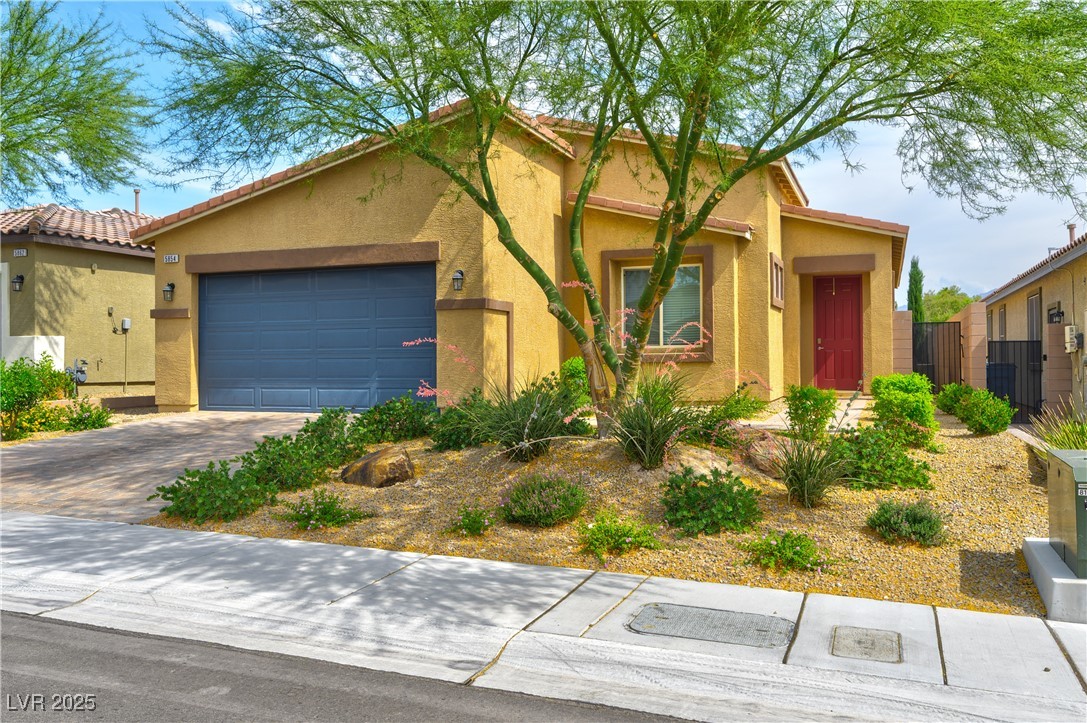 Tan stucco home with a blue garage, red front door, and desert landscaping beneath a large tree.