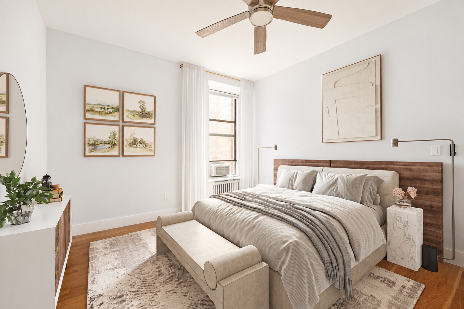 Staged bedroom with a large bed, wood headboard, ceiling fan, and tall curtained window.