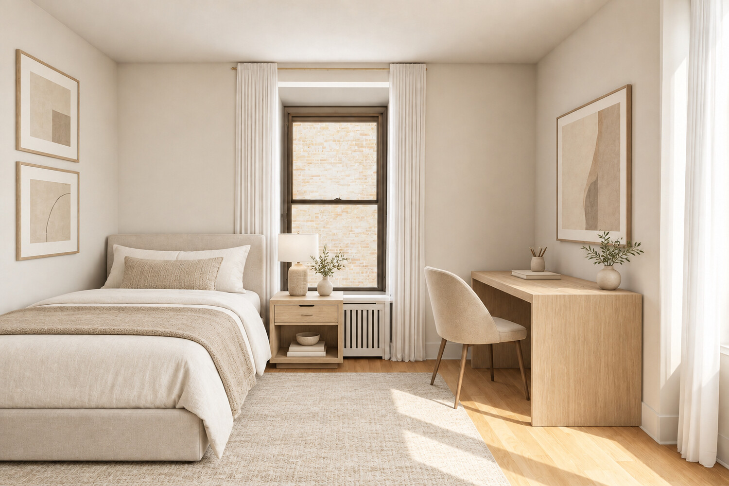 Bedroom with a neutral upholstered bed, light wood desk, and tall curtained window.