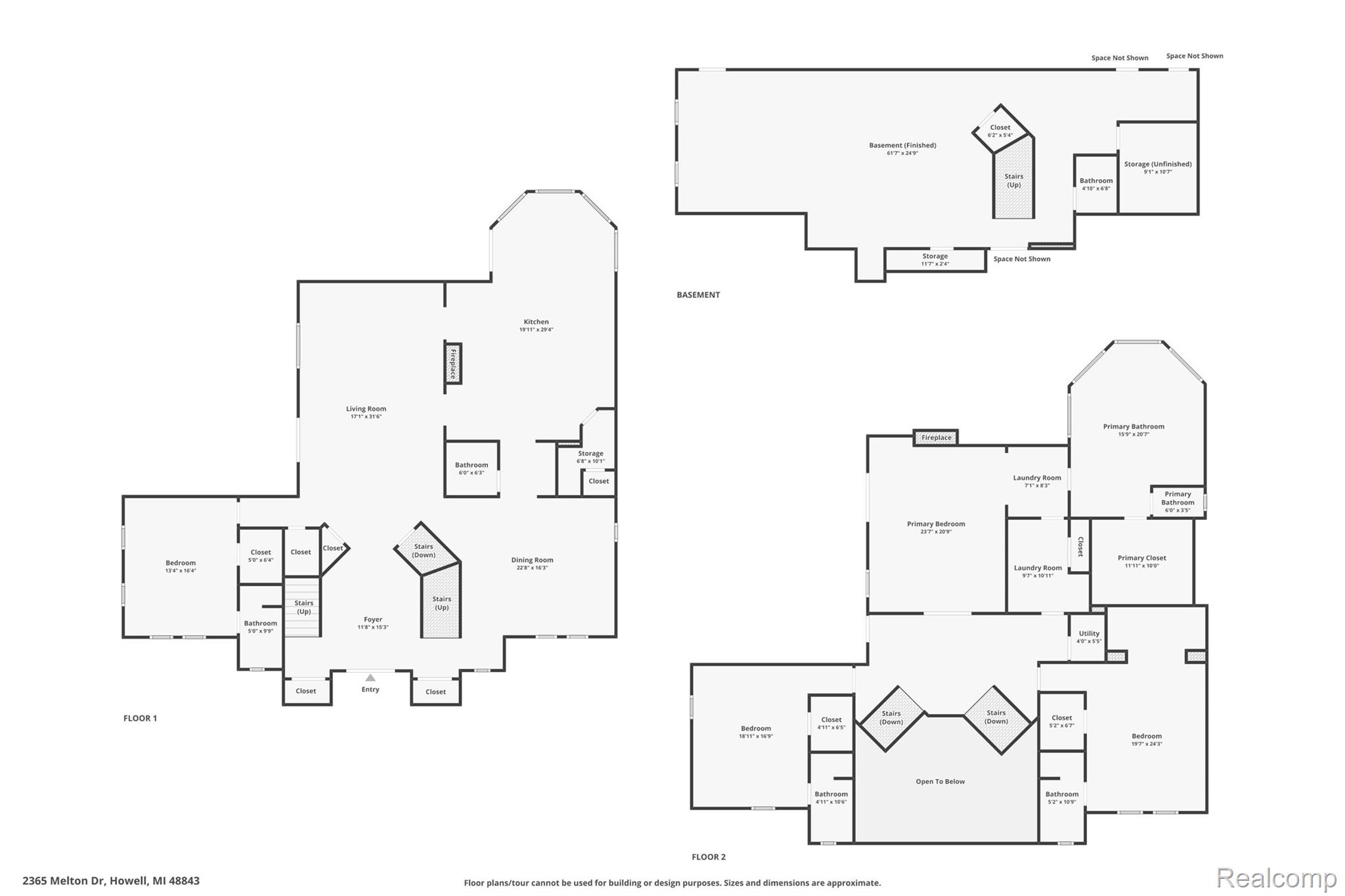 Floor plan showing the first and second floors and finished basement of 2365 Melton Drive.