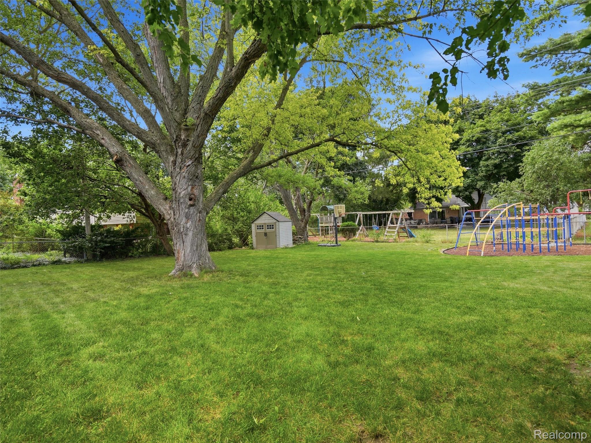 Grassy backyard with a large shade tree, small shed, swings, and climbing frame.