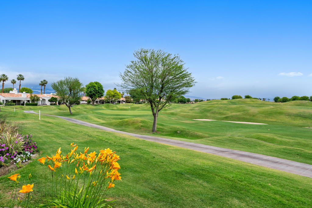 Golf course with rolling fairways, a central leafy tree, and yellow flowers beside the cart path.