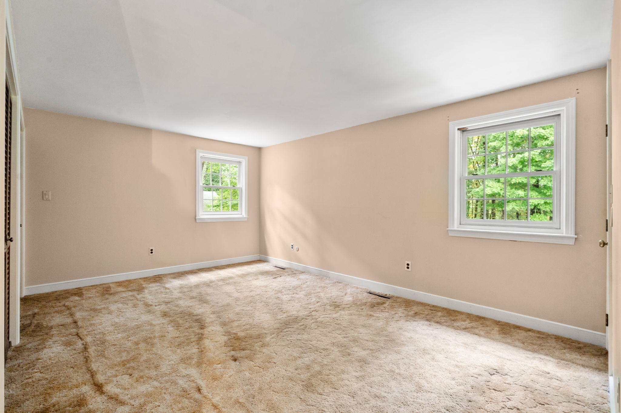 Empty beige bedroom with worn tan carpet and two windows overlooking trees.