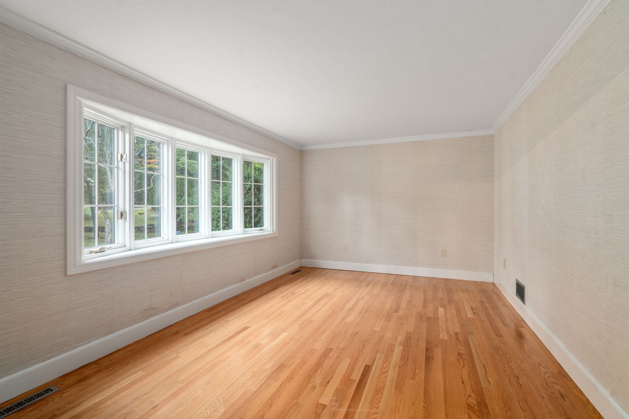 Empty room with hardwood floors and a long row of windows overlooking trees.