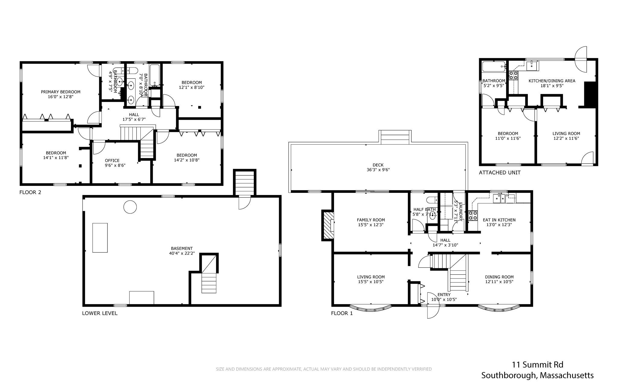 Floor plan for 11 Summit Road showing three levels, a deck, and an attached unit.