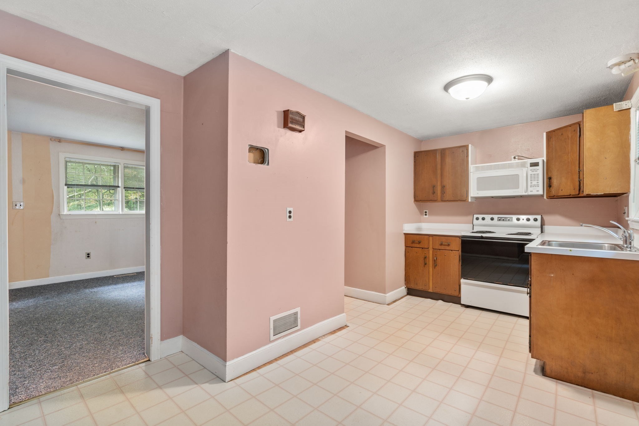 Kitchen with pink walls, wood cabinets, white appliances, and a doorway to a carpeted room.