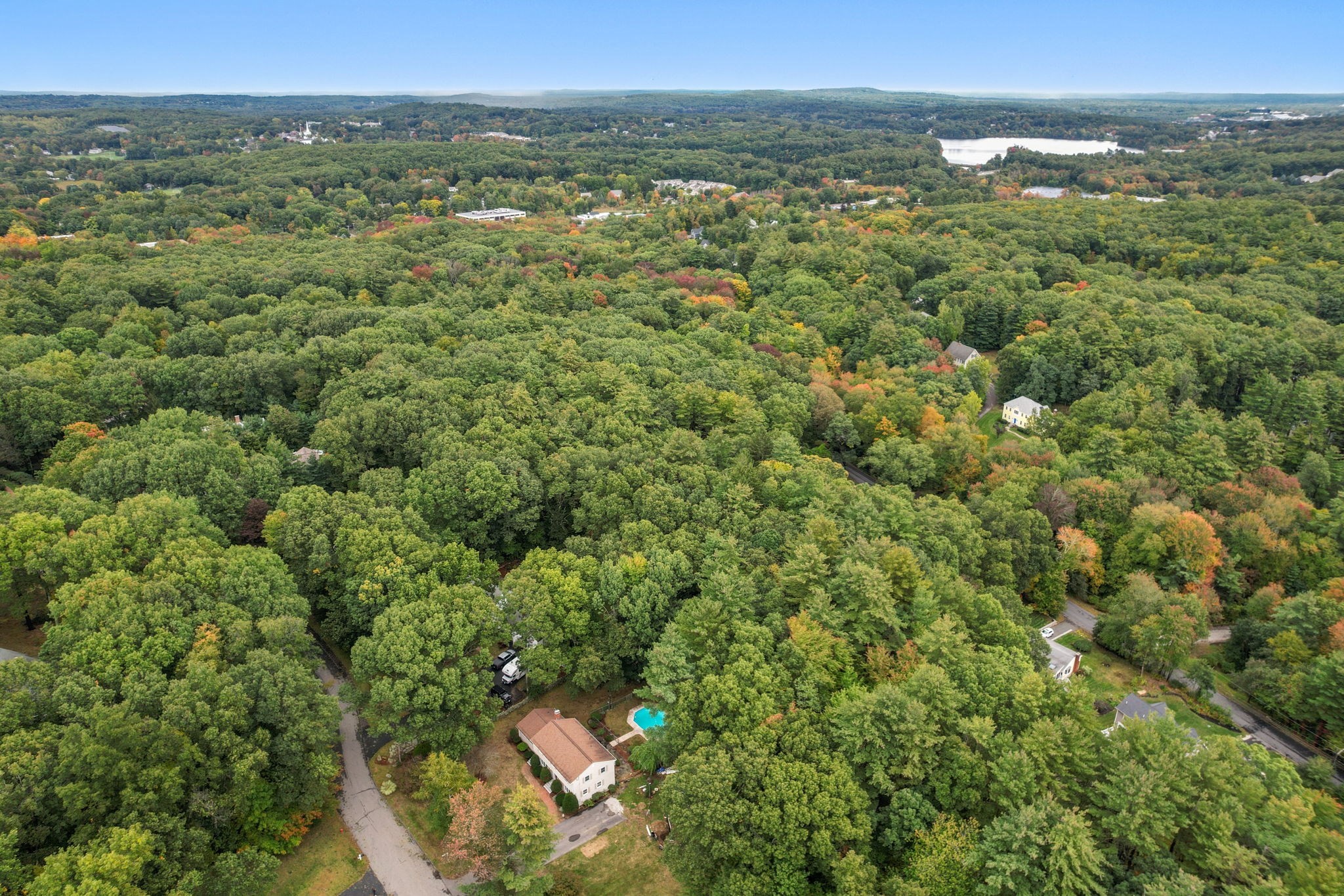 Aerial view of a home and pool surrounded by trees, with a lake in the distance.