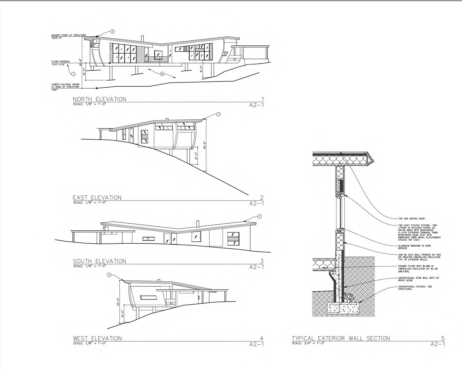 Architectural elevations and exterior wall section for a modern home on a sloped site.