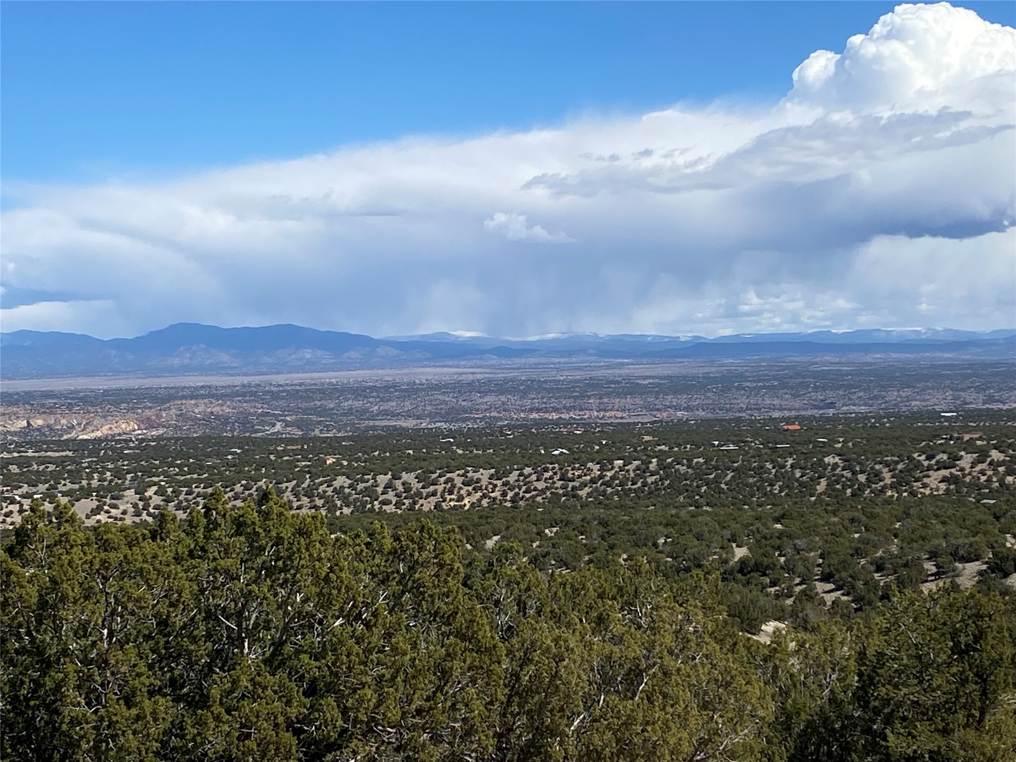 Panoramic high-desert view across wooded terrain toward distant mountains beneath dramatic clouds.